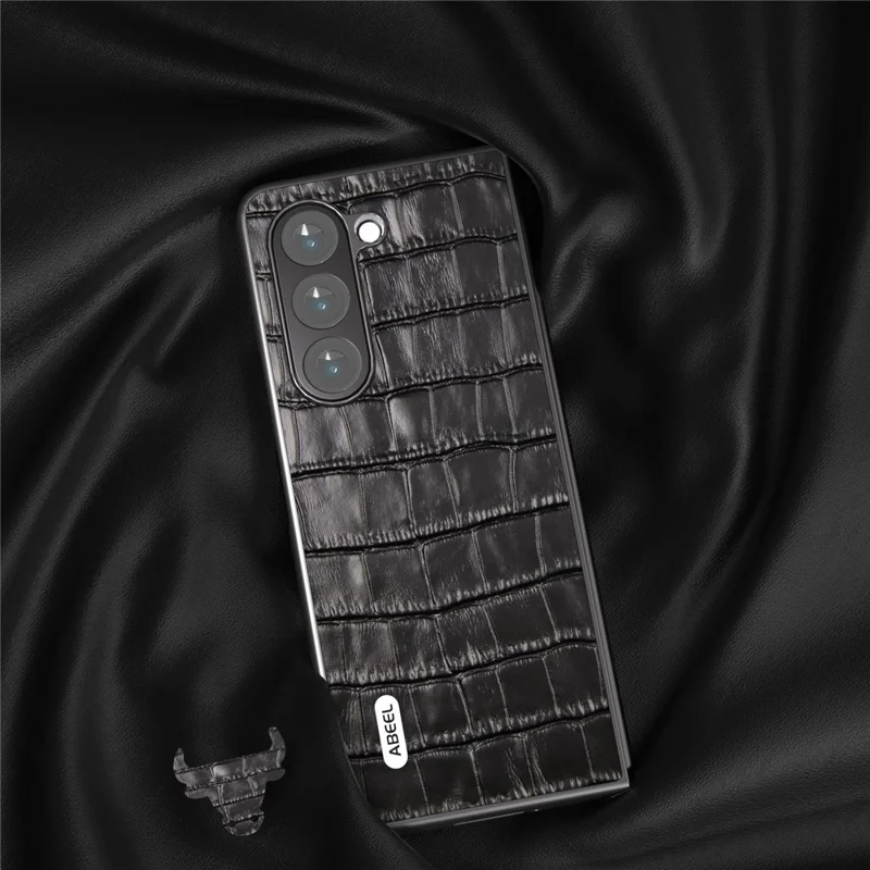 ABEEL For Samsung Galaxy Z Fold6 5G Case Crocodile Texture Genuine Cow Leather+PC Phone Cover - Black