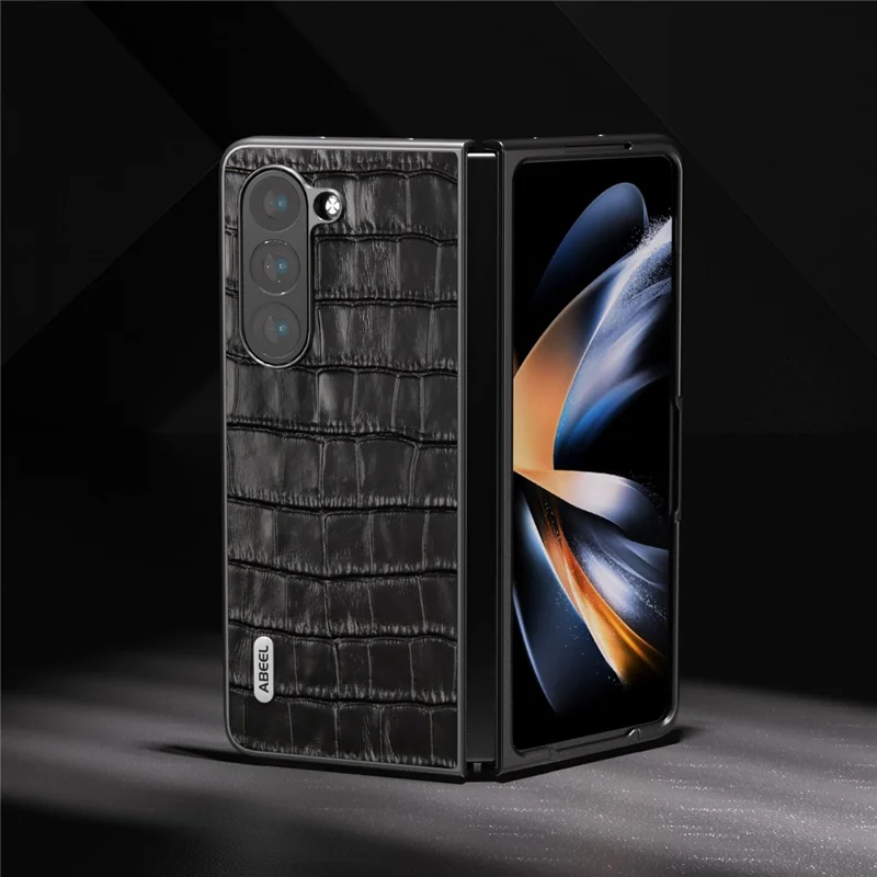 ABEEL For Samsung Galaxy Z Fold6 5G Case Crocodile Texture Genuine Cow Leather+PC Phone Cover - Black