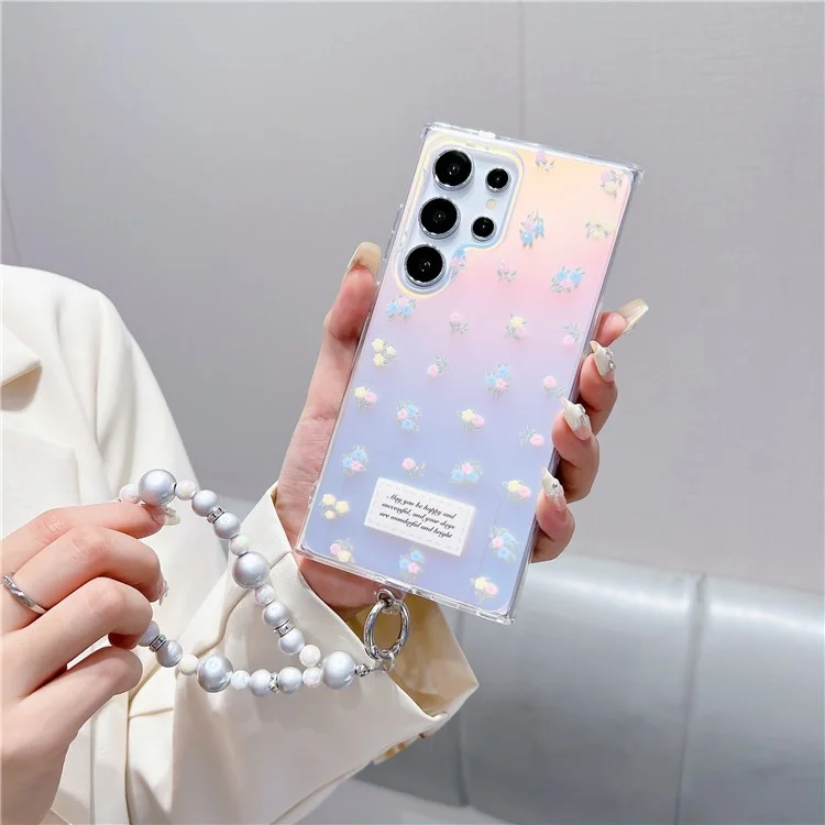 For Samsung Galaxy S24 Ultra Case Flower Pattern Laser Effect TPU Phone Cover with Chain Strap - Pink Flower