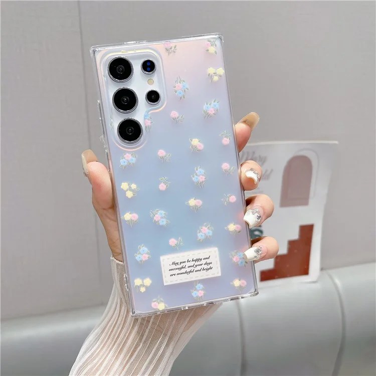 For Samsung Galaxy S23 Ultra Case TPU Cell Phone Back Cover with Strap Flower Pattern Laser Effect - Pink Flower