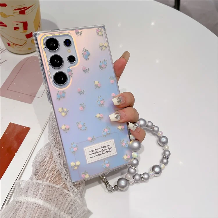 For Samsung Galaxy S23 Ultra Case TPU Cell Phone Back Cover with Strap Flower Pattern Laser Effect - Pink Flower