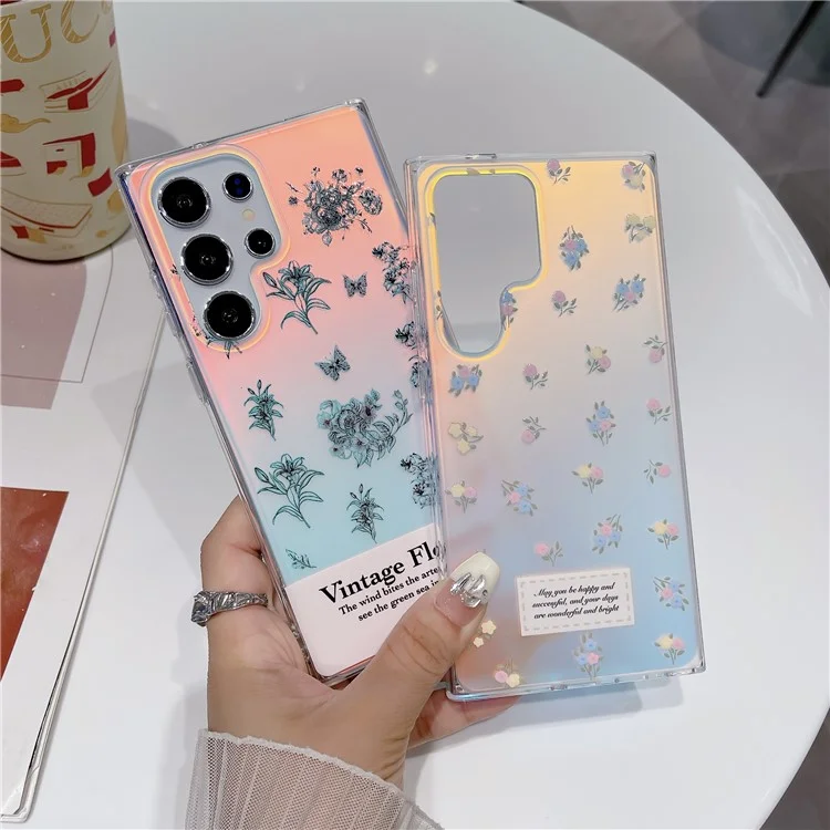 For Samsung Galaxy S23 Ultra Case TPU Cell Phone Back Cover with Strap Flower Pattern Laser Effect - Pink Flower
