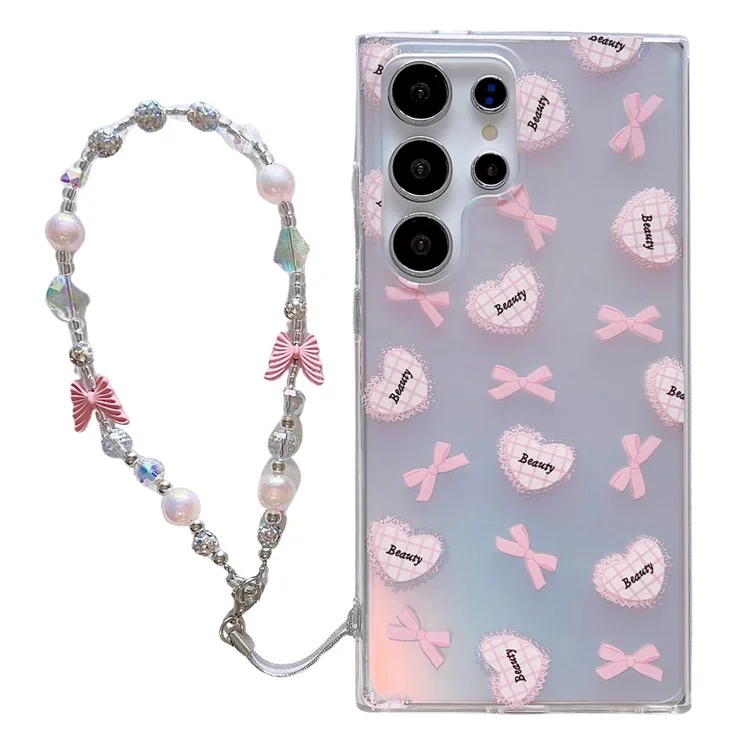 For Samsung Galaxy S24 Ultra TPU Case Pattern Print Laser Effect Phone Cover with Chain Strap - Heart and Bowknot