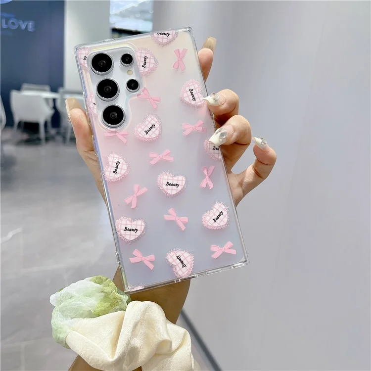 For Samsung Galaxy S24 Ultra TPU Case Pattern Print Laser Effect Phone Cover with Chain Strap - Heart and Bowknot