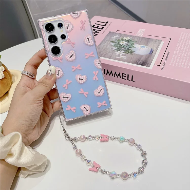 For Samsung Galaxy S24 Ultra TPU Case Pattern Print Laser Effect Phone Cover with Chain Strap - Heart and Bowknot