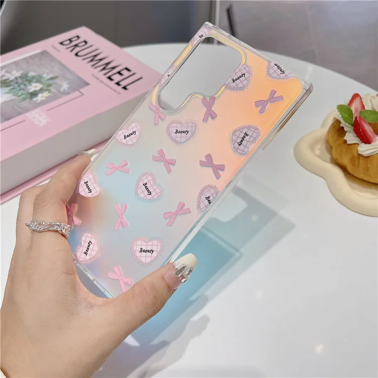 For Samsung Galaxy S24 Ultra TPU Case Pattern Print Laser Effect Phone Cover with Chain Strap - Heart and Bowknot