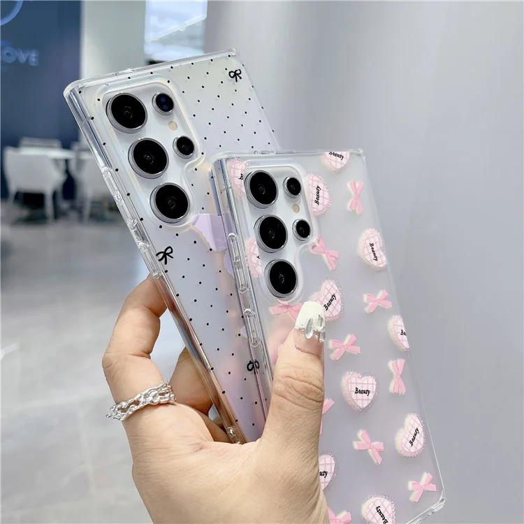 For Samsung Galaxy S24 Ultra TPU Case Pattern Print Laser Effect Phone Cover with Chain Strap - Heart and Bowknot