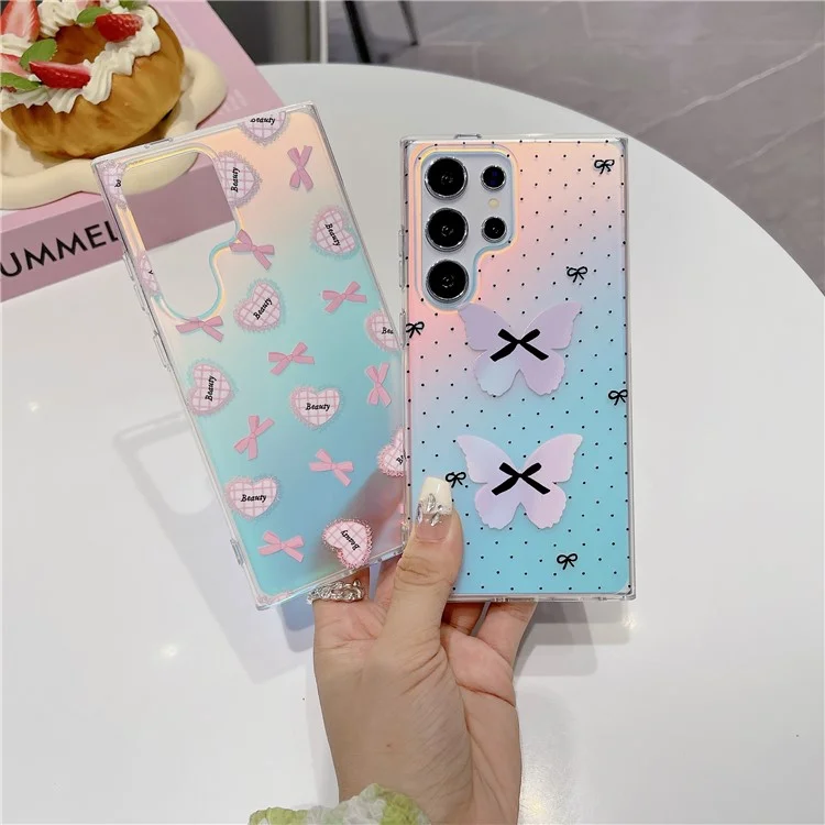 For Samsung Galaxy S24 Ultra TPU Case Pattern Print Laser Effect Phone Cover with Chain Strap - Heart and Bowknot