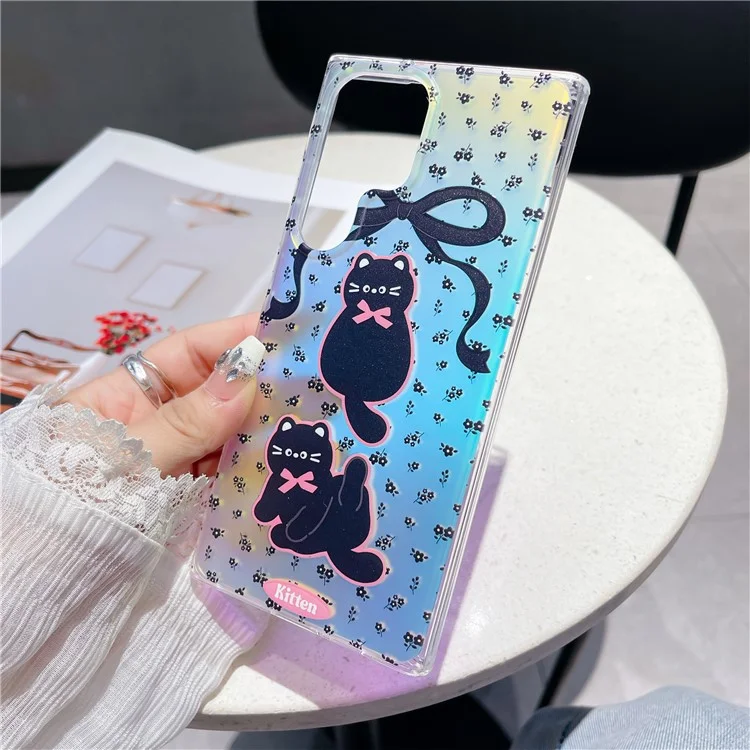 For Samsung Galaxy S24 Ultra Case Laser Effect Cartoon Cat Pattern TPU Phone Cover with Chain Strap - Bowknot Cat
