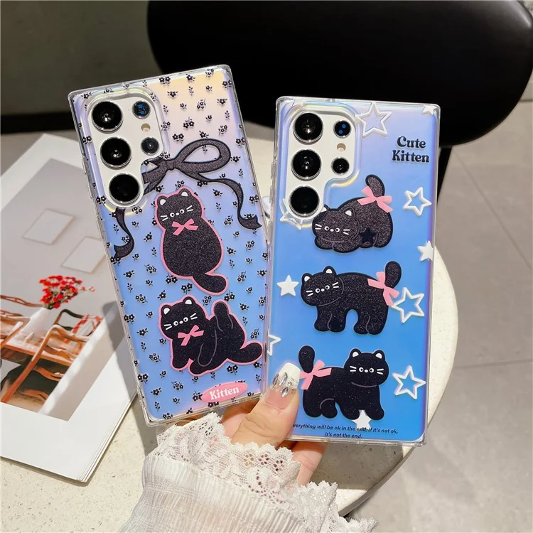 For Samsung Galaxy S24 Ultra Case Laser Effect Cartoon Cat Pattern Soft TPU Phone Cover - 3 Cats