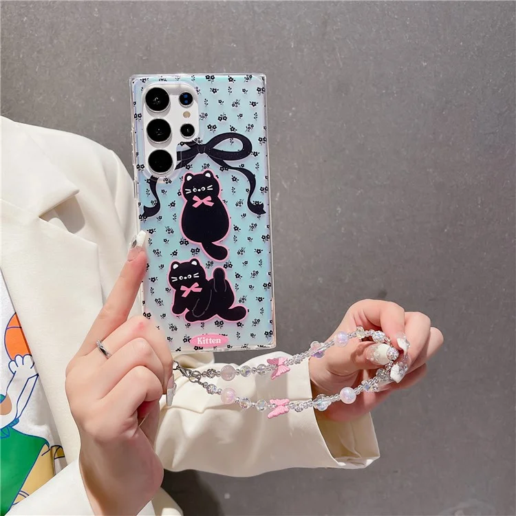 For Samsung Galaxy S23 Ultra Case TPU Cute Cat Pattern Laser Phone Cover - Bowknot Cat