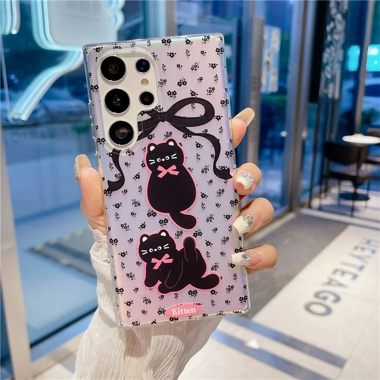 For Samsung Galaxy S23 Ultra Case TPU Cute Cat Pattern Laser Phone Cover - Bowknot Cat