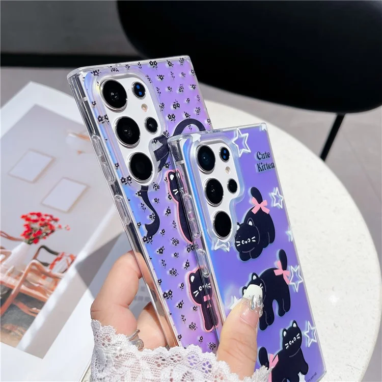 For Samsung Galaxy S23 Ultra Case TPU Cute Cat Pattern Laser Phone Cover - Bowknot Cat