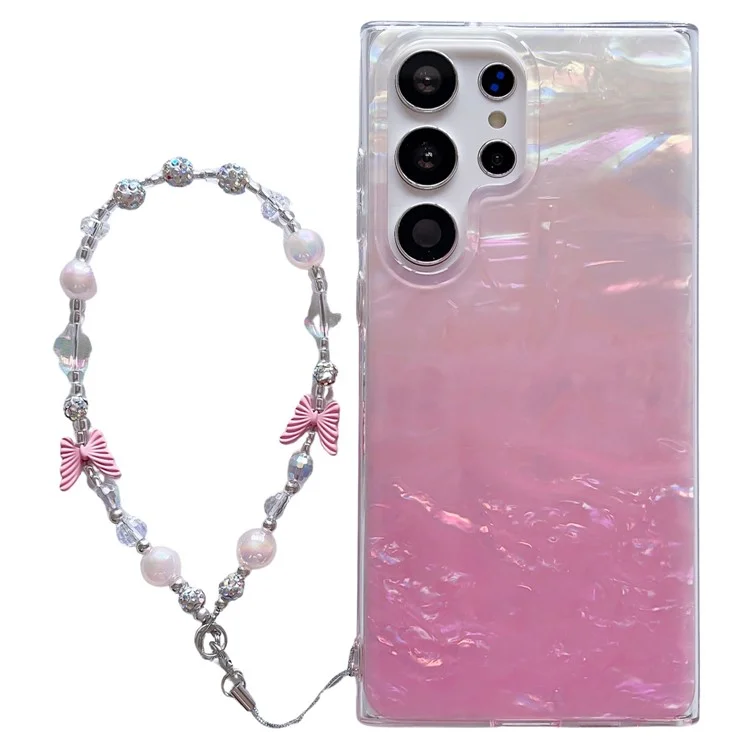 For Samsung Galaxy S24 Ultra Case Seashell Pattern Shiny TPU Phone Cover with Chain - Pink