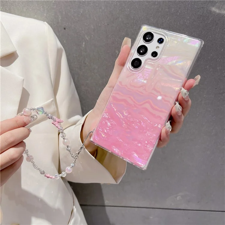 For Samsung Galaxy S24 Ultra Case Seashell Pattern Shiny TPU Phone Cover with Chain - Pink