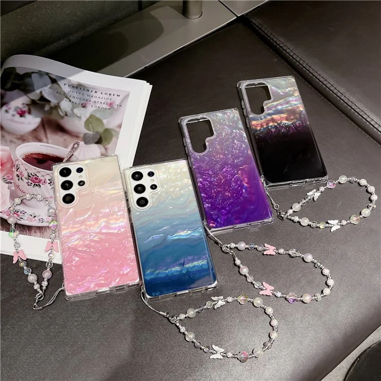 For Samsung Galaxy S23 Ultra Case Seashell Pattern TPU Shiny Phone Cover with Chain - Blue