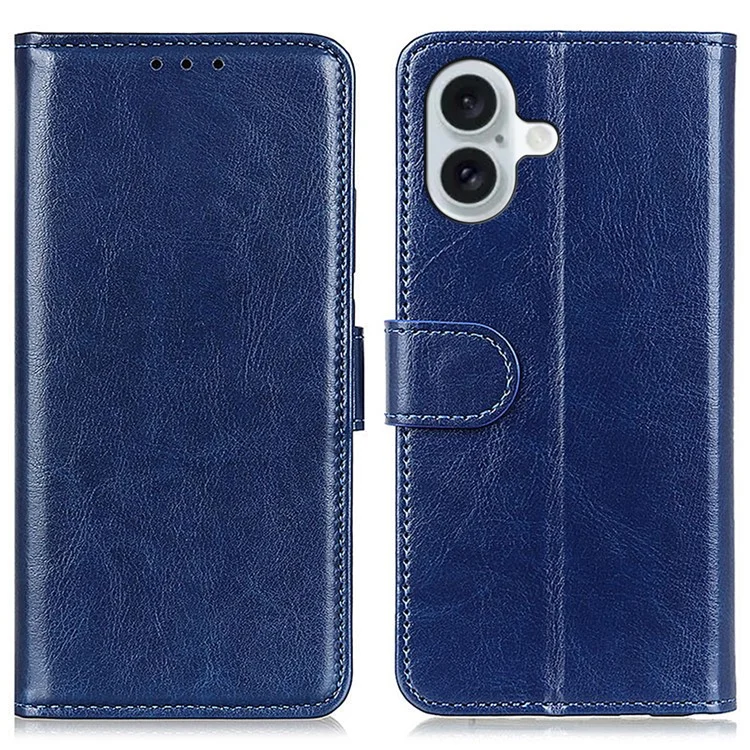 For iPhone 16 Case Crazy Horse Texture PU Leather Wallet Phone Cover - Blue