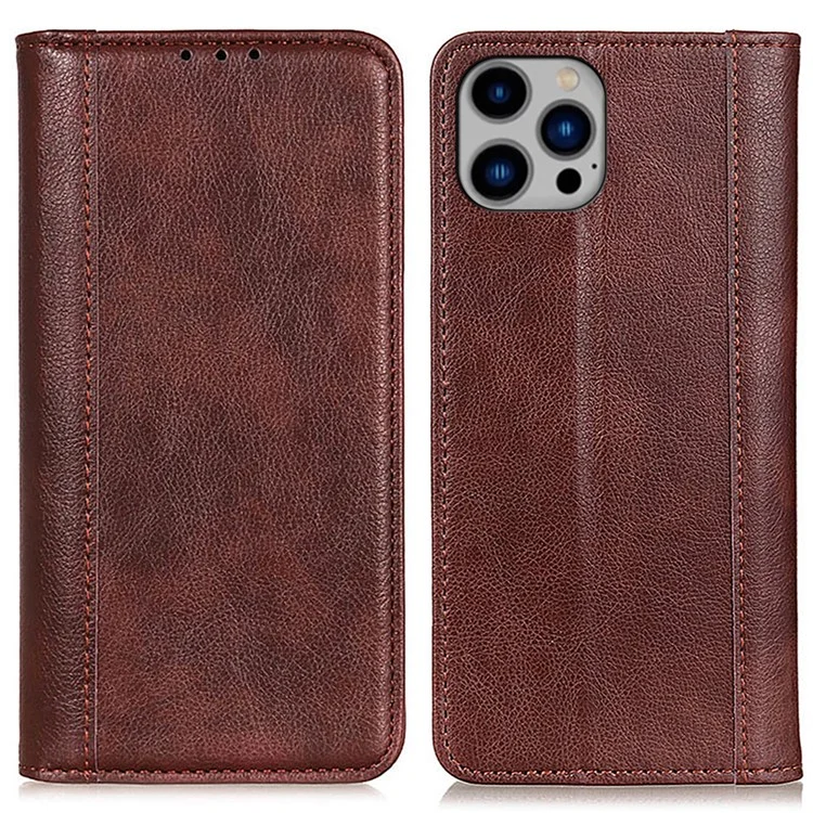 Custodia per iPhone 16 Pro Max in vera pelle divisa con chiusura magnetica automatica - Marrone