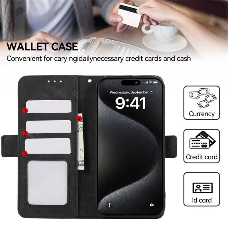 ABEEL til iPhone 16 Pro Case PU-læder Folio stående syn RFID-blokerende telefondæksel - Sort