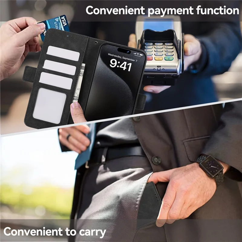 ABEEL For iPhone 16 Leather Case RFID Blocking Card Slots Wallet Phone Cover - Black