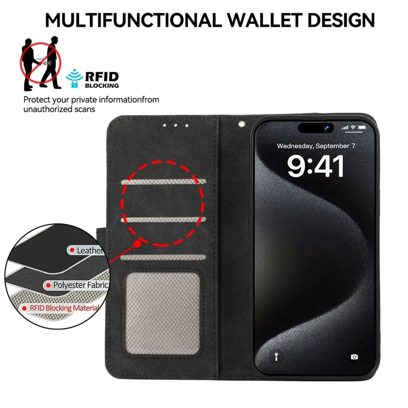 ABEEL Para iPhone 16 Pro Max Caso de Couro RFID Bloqueando Anti-Scratch Carteira Capa de Telefone - Preto