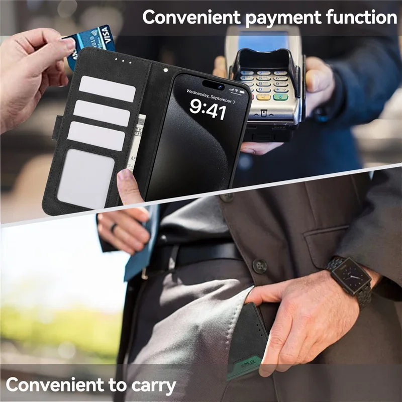 ABEEL For iPhone 16 Case Color Splicing Leather Flip Phone Cover RFID Blocking - Black