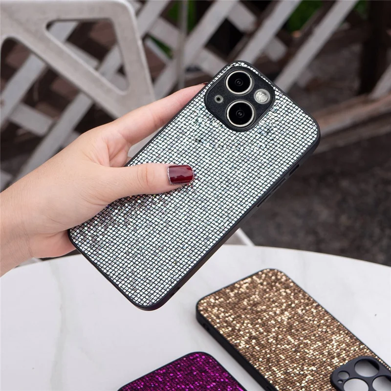 For iPhone 15 Plus Slim Case TPU Phone Cover with Sequins Decoration - Silver