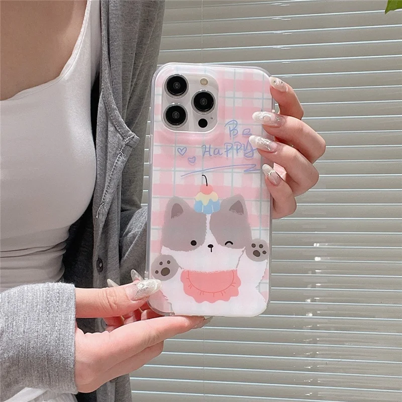 For iPhone 15 Pro Case Cartoon Animal Pattern Plaid IMD TPU Phone Cover - Pink