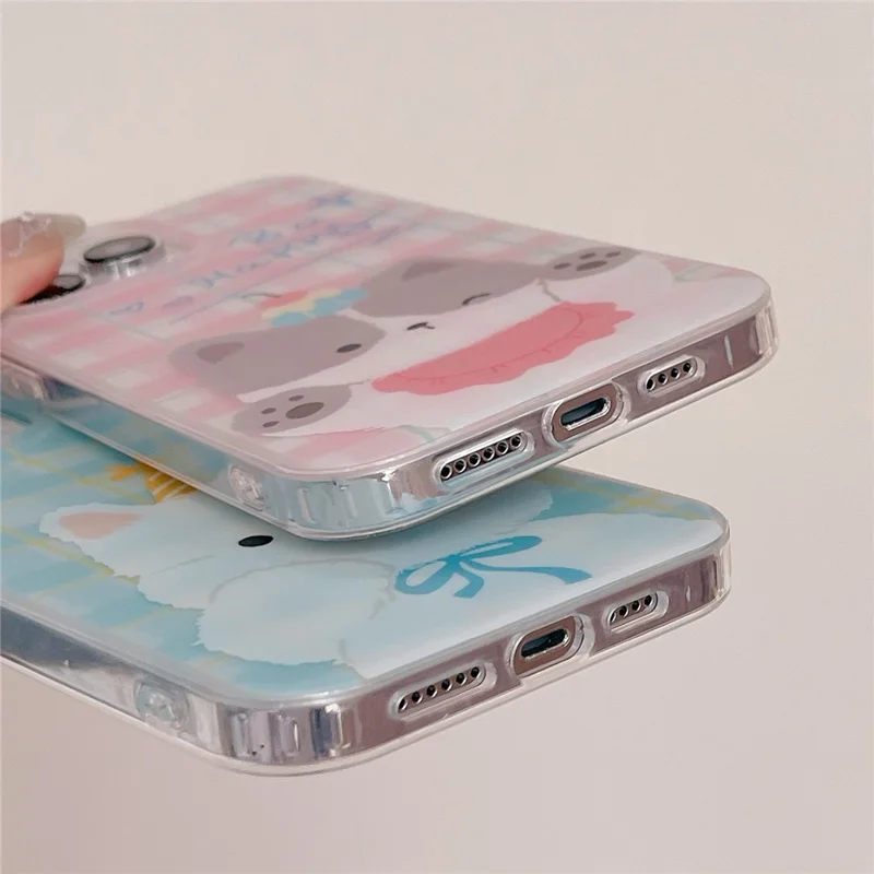 For iPhone 15 Pro Case Cartoon Animal Pattern Plaid IMD TPU Phone Cover - Pink