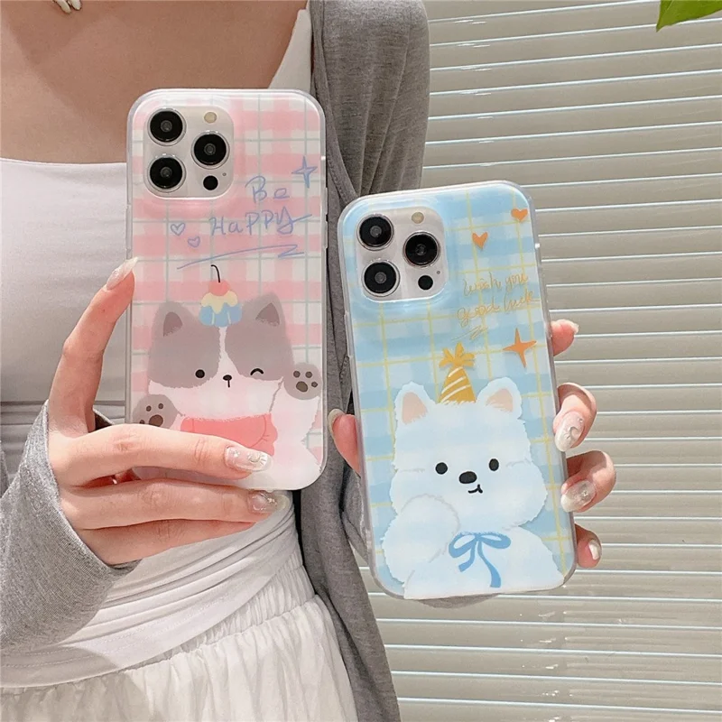 For iPhone 15 Pro Case Cartoon Animal Pattern Plaid IMD TPU Phone Cover - Pink