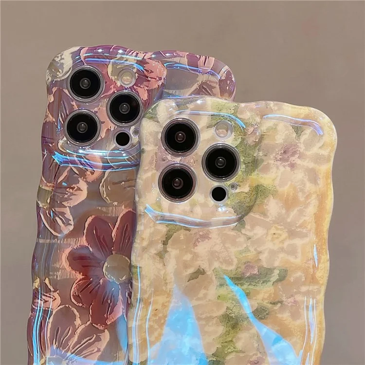 For iPhone 13 Pro 6.1 inch Cover Oil Painting Flower Pattern Wave Edge TPU Blu-Ray IMD Phone Case - Green