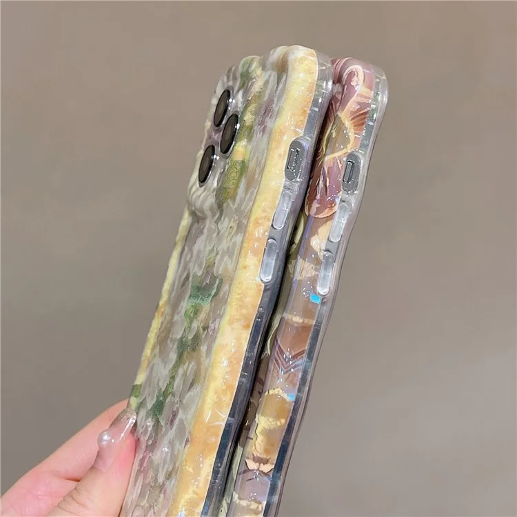 For iPhone 13 Pro 6.1 inch Cover Oil Painting Flower Pattern Wave Edge TPU Blu-Ray IMD Phone Case - Green