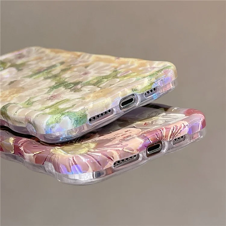 For iPhone 13 Pro 6.1 inch Cover Oil Painting Flower Pattern Wave Edge TPU Blu-Ray IMD Phone Case - Green
