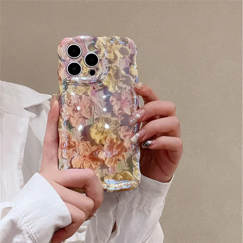 Per iPhone 13 Pro 6.1 pollici Cover Oil Painting Flower Pattern Wave Edge TPU Blu-ray IMD Phone Case - Rosa