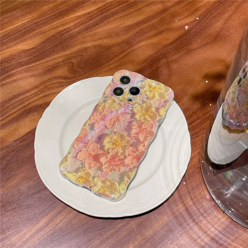 Per iPhone 13 Pro 6.1 pollici Cover Oil Painting Flower Pattern Wave Edge TPU Blu-ray IMD Phone Case - Rosa