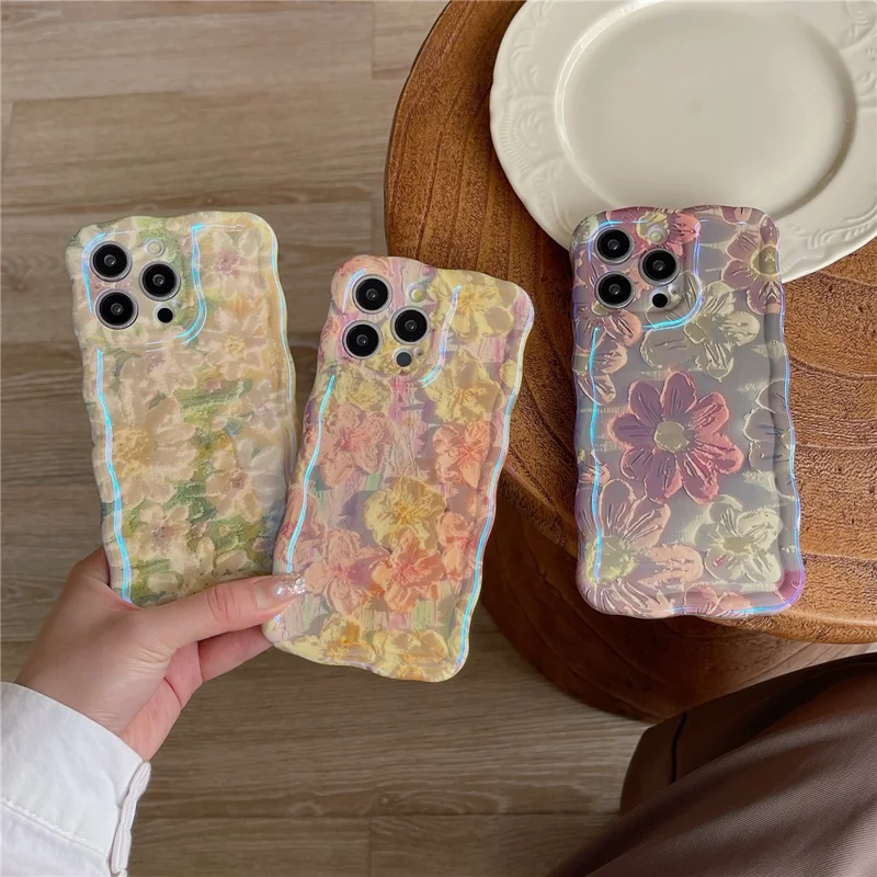 Per iPhone 13 Pro 6.1 pollici Cover Oil Painting Flower Pattern Wave Edge TPU Blu-ray IMD Phone Case - Rosa
