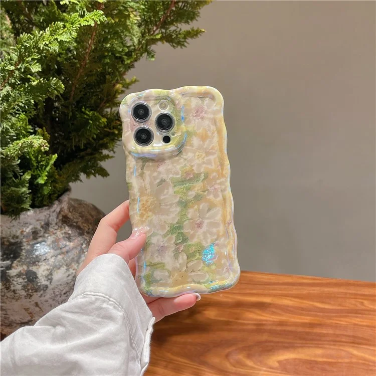 Capa Para iPhone 15 Pro Cover Wave Edge TPU Blu-Ray IMD Phone Shell Oil Painting Flower Pattern Design - Verde