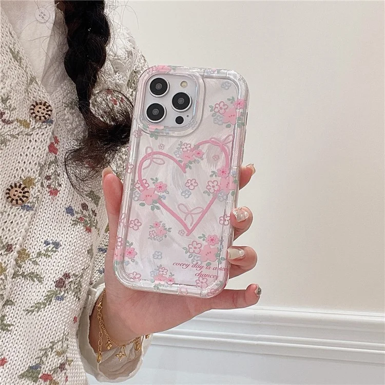 Para el iPhone 13 Pro Case IMD Heart Flower Pattern TPU Mobile Phone Cover - Corazón Rosa
