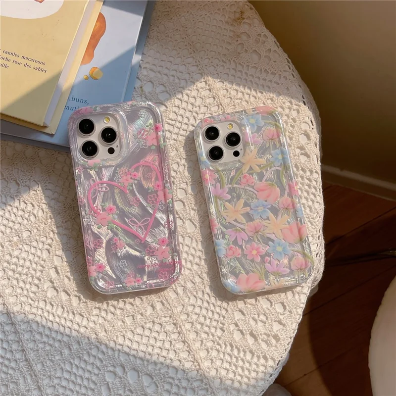 For iPhone 15 Pro TPU Case IMD Heart Floral Pattern Design Phone Cover - White Heart