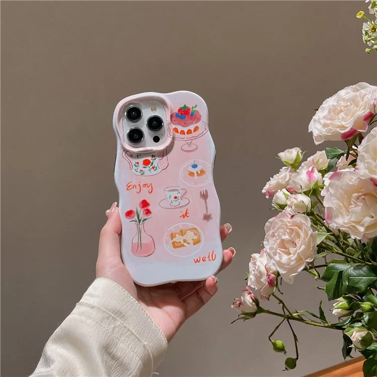 Per iPhone 15 Pro Wavy Edge Illustration Water Transfer Printing Staccabile 2-in-1 TPU Phone Case - Rosa