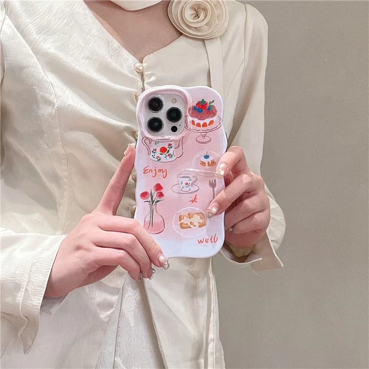 Per iPhone 15 Pro Wavy Edge Illustration Water Transfer Printing Staccabile 2-in-1 TPU Phone Case - Rosa