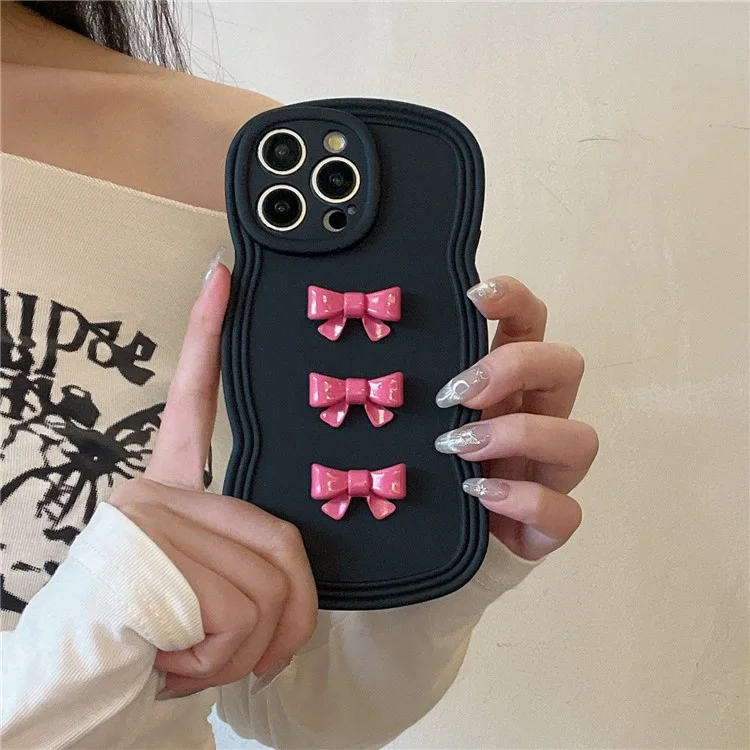 For iPhone 14 Pro Case Bowknot Decor Wavy Edge Soft TPU Phone Cover - Black