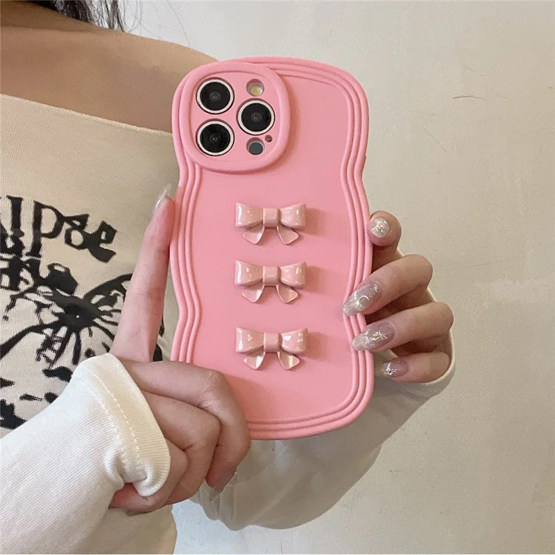 For iPhone 14 Pro Case Bowknot Decor Wavy Edge Soft TPU Phone Cover - Pink