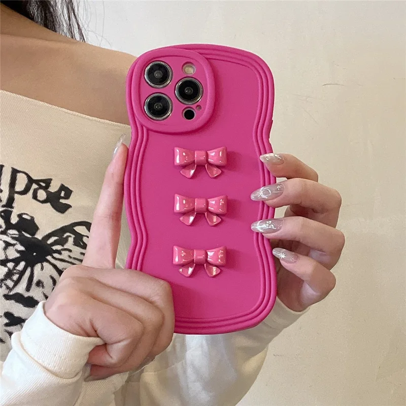 For iPhone 14 Pro Case Bowknot Decor Wavy Edge Soft TPU Phone Cover - Rose