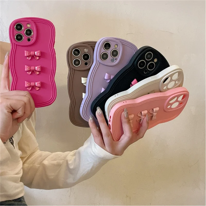 For iPhone 14 Pro Case Bowknot Decor Wavy Edge Soft TPU Phone Cover - Brown