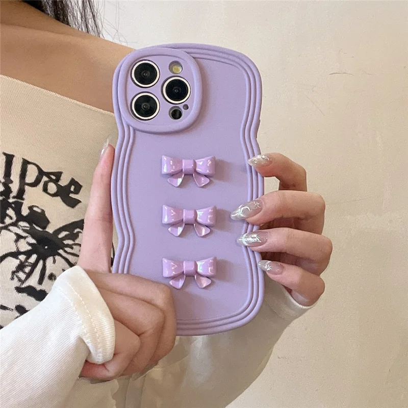 For iPhone 14 Pro Case Bowknot Decor Wavy Edge Soft TPU Phone Cover - Purple