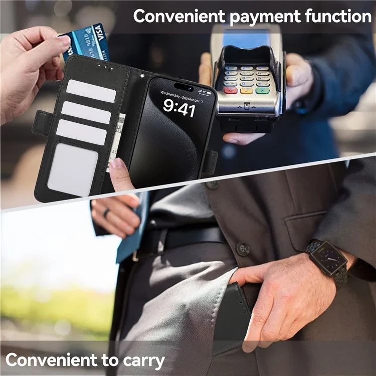 ABEEL For iPhone 16 Stand Case RFID Blocking Leather Wallet Phone Cover - Black