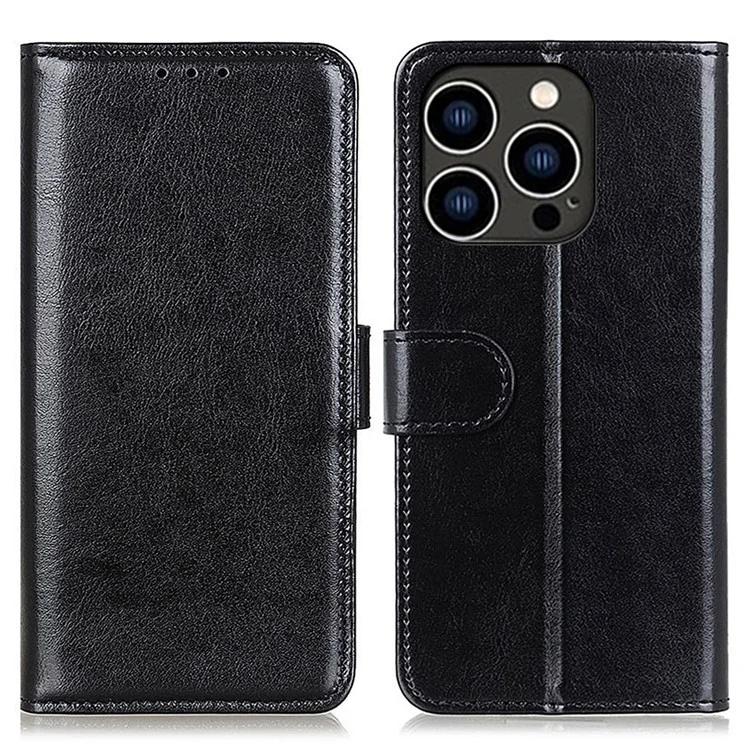 For iPhone 16 Pro Case PU Leather Stand Cell Phone Cover Crazy Horse Texture - Black