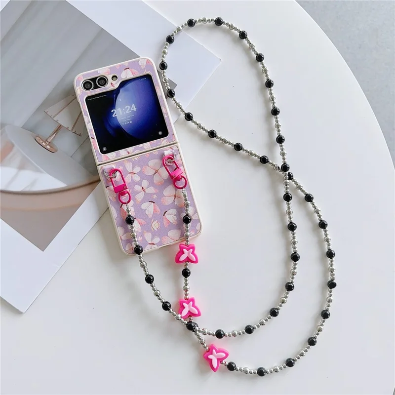 Étui Téléphone Pliant pour Samsung Galaxy Z Flip5 5G, Motif Papillon PU+PC Couvercle avec Sangle Bandoulière à Perles - Rose