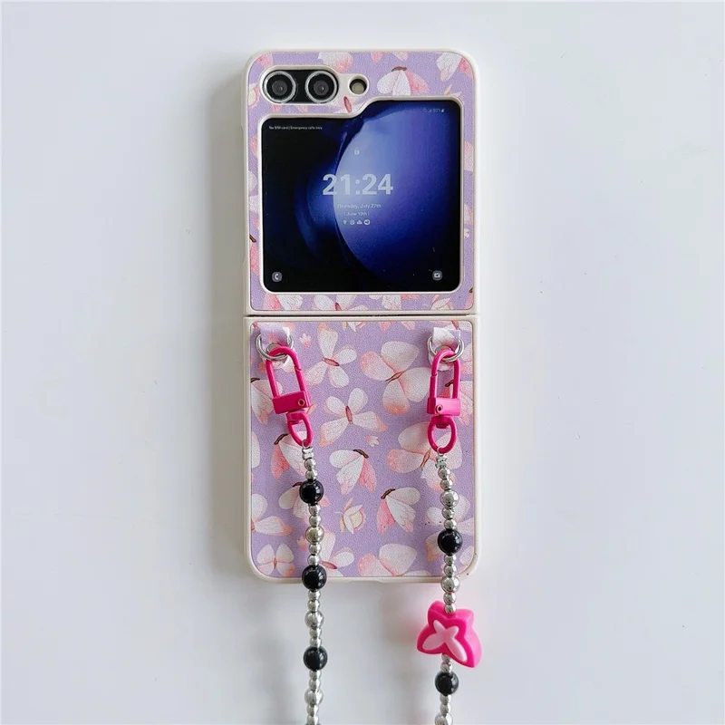 Étui Téléphone Pliant pour Samsung Galaxy Z Flip5 5G, Motif Papillon PU+PC Couvercle avec Sangle Bandoulière à Perles - Rose
